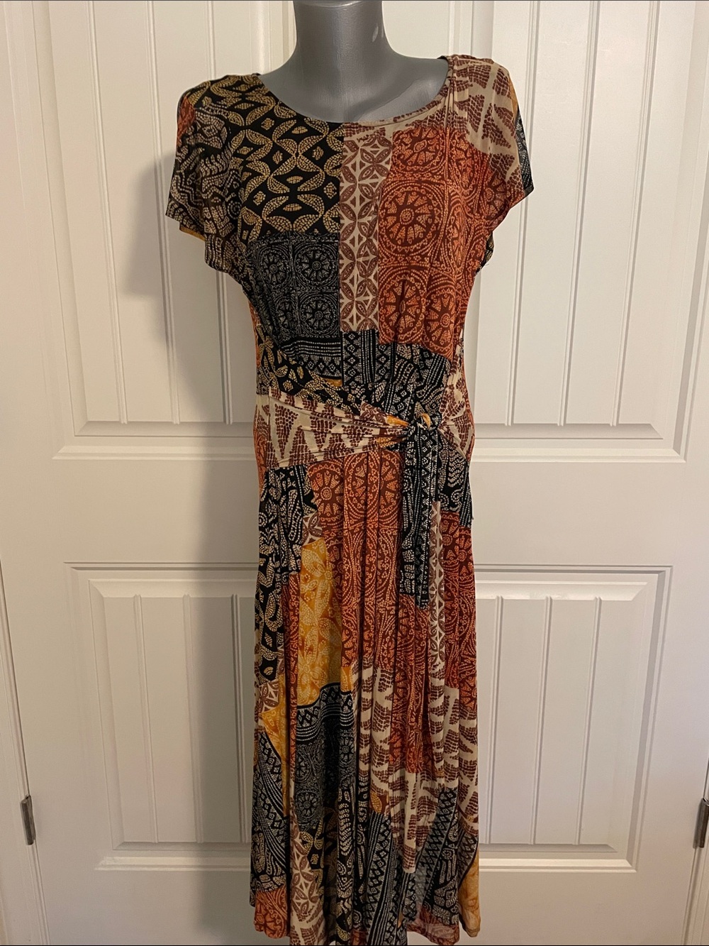 Boho Patchwork Maxi Dress in Rust, Black & Cream